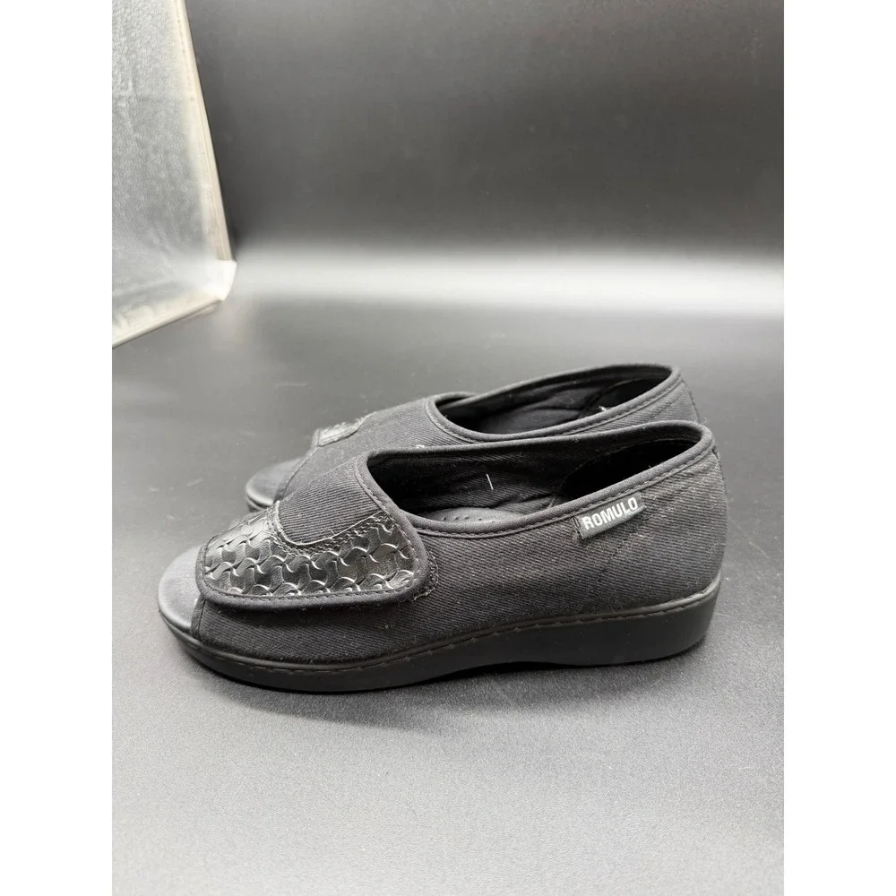 Romulo Confort 24/7 Black Canvas Open Toe Wedge Sandals Adjustable Strap Size 35